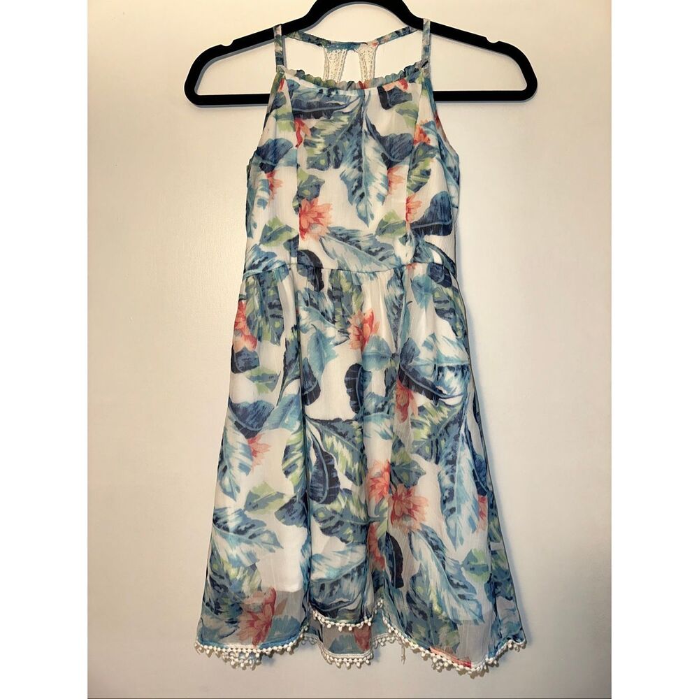 Abercrombie Kids Size 11/12 Tropical Palm Floral Sleeveless Dress White Blue GUC